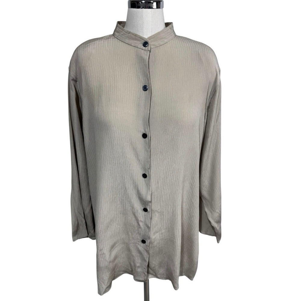 Finity Silk Button Down Blouse‎ Minimalist Neutral Long Sleeve Top Women's Large